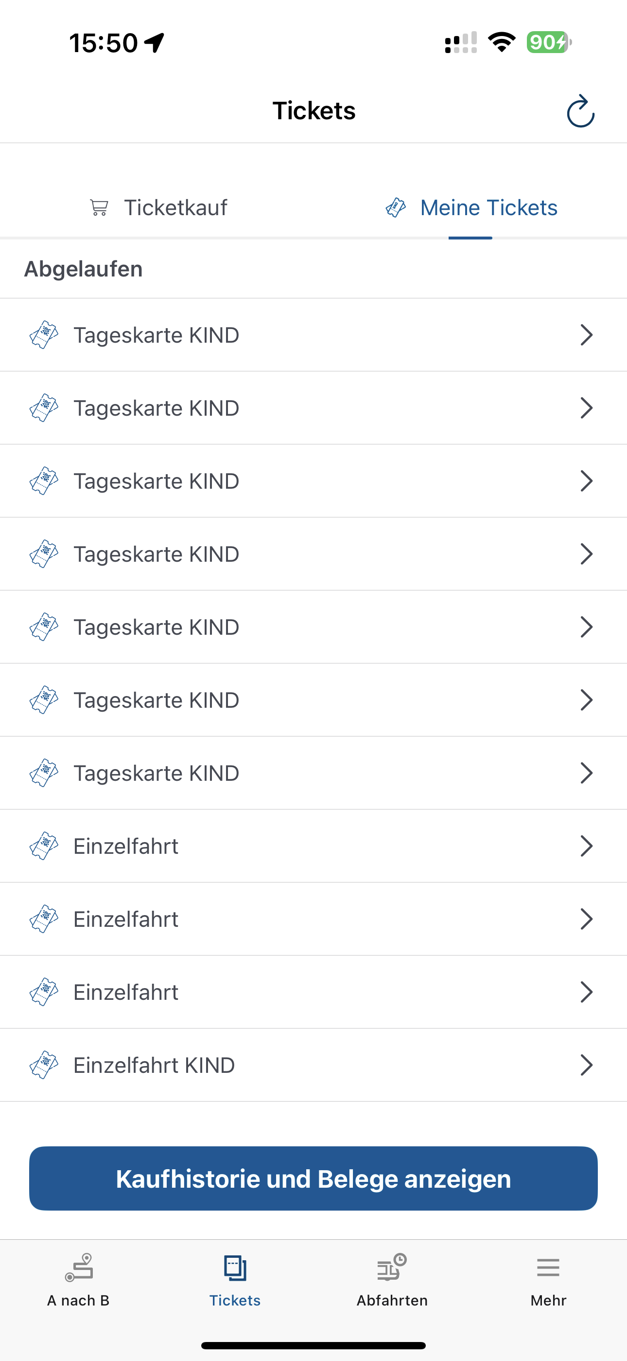 Anzeige der gekauften Tickets